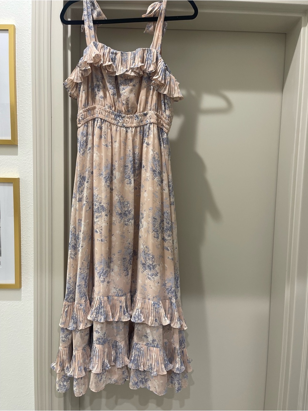 Maternity Floral Ruffle Maxi Dress in Blush with Blue Print